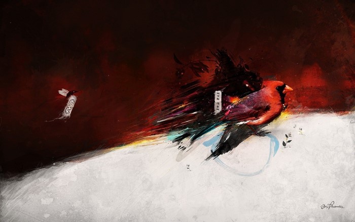 Abstract painting of two birds with red and white colors
