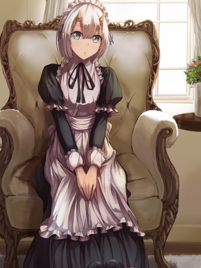 Anime girl with horns in a maid outfit sitting on a chair