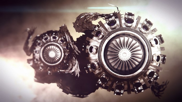 Abstract mechanical engine design with turbine blades