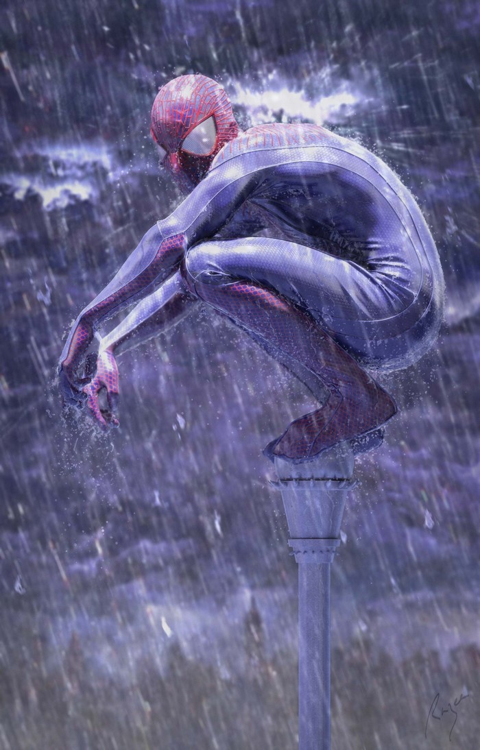 Spider-Man crouching on a pole in the rain