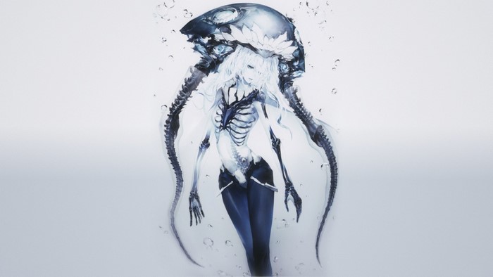 Anime girl with jellyfish-like head and skeletal body