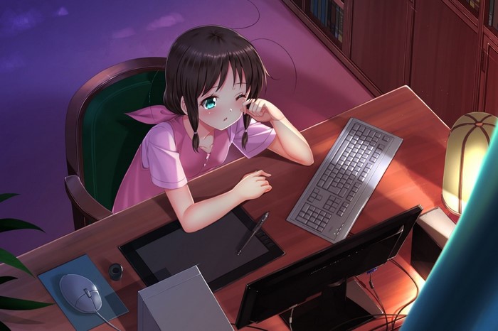 Honda Tamaki from Magic of Stella working on a tablet
