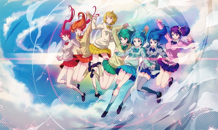Seven anime girls in school uniforms jumping
