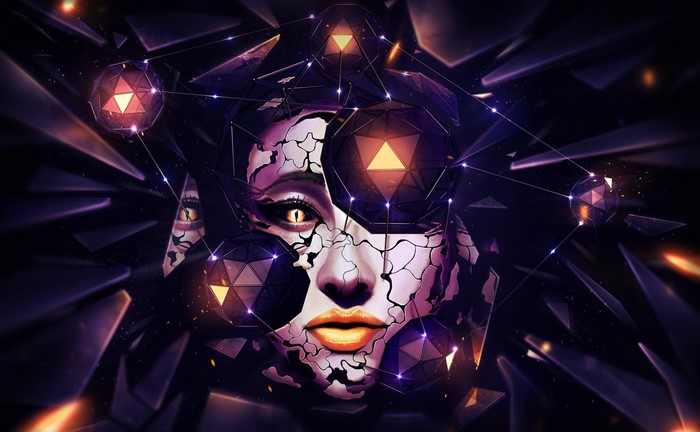 Abstract digital art of a cracked face with geometric shapes