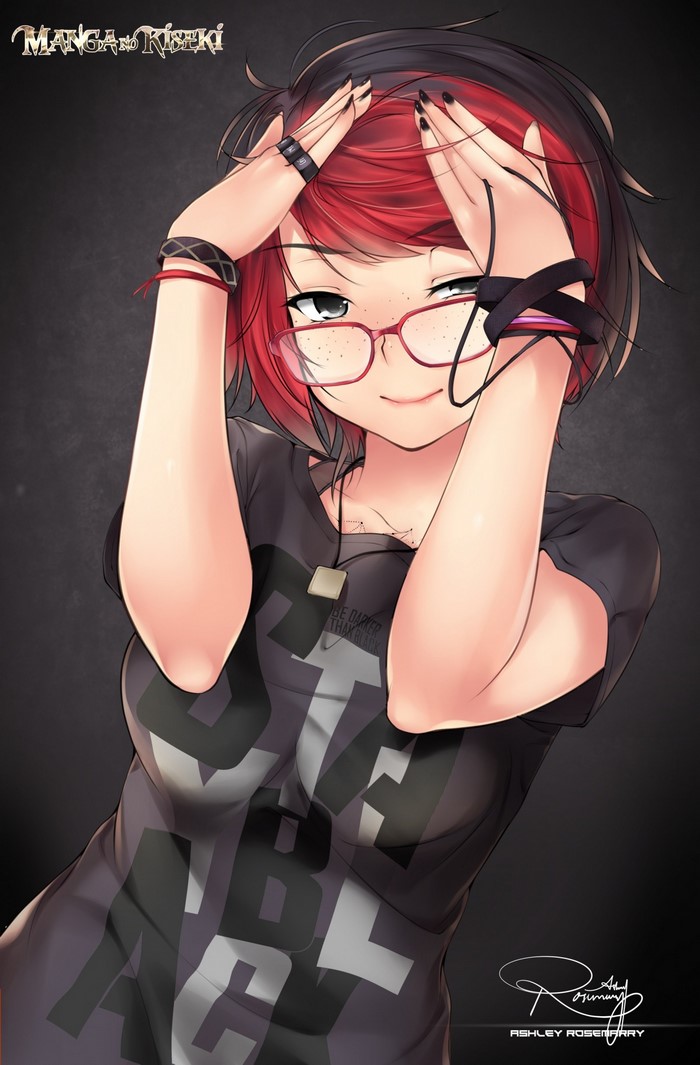 Anime girl with red and black hair and glasses