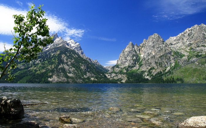 Lake and mountains under a blue sky