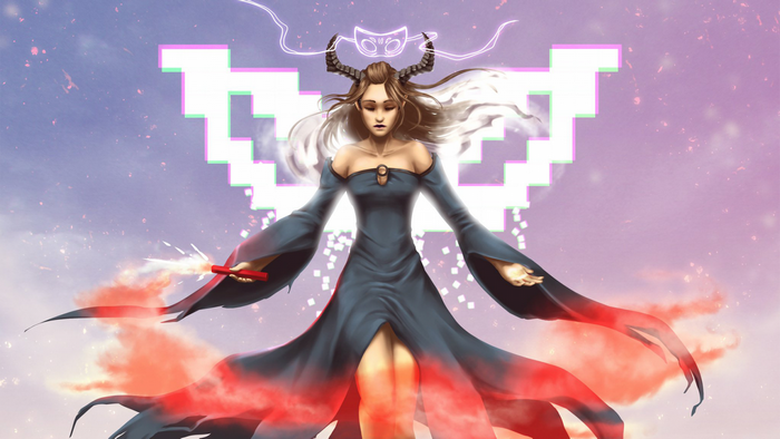 Fantasy angel with horns and glitch art background