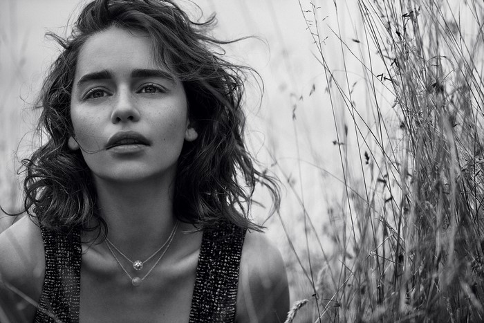 Emilia Clarke in a black and white portrait