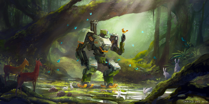 Bastion from Overwatch in a forest with animals