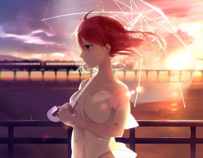 Anime girl with red hair holding an umbrella at sunset