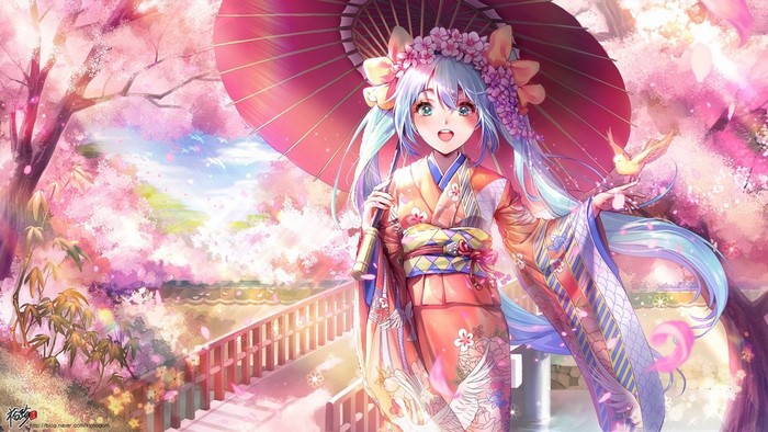 Hatsune Miku in Kimono with Parasol under Cherry Blossoms