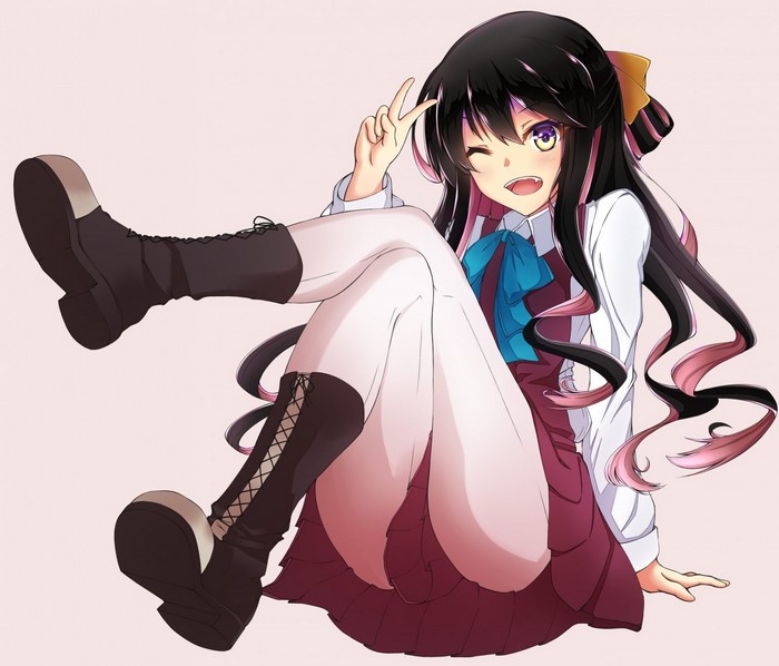 Anime girl with black hair and yellow eyes posing