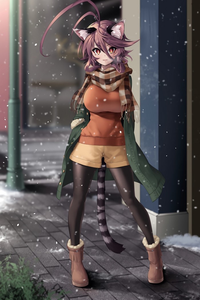 Anime girl with animal ears and tail in the snow
