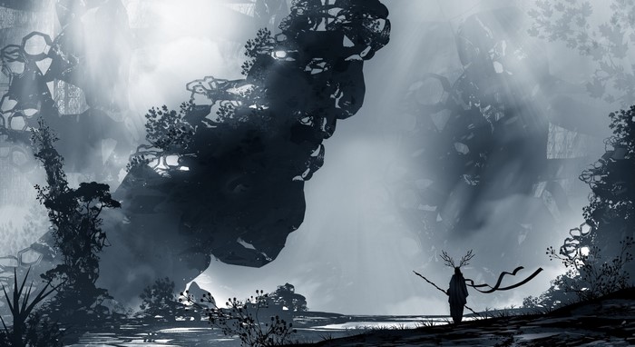 Fantasy art of a figure with antlers in a misty landscape