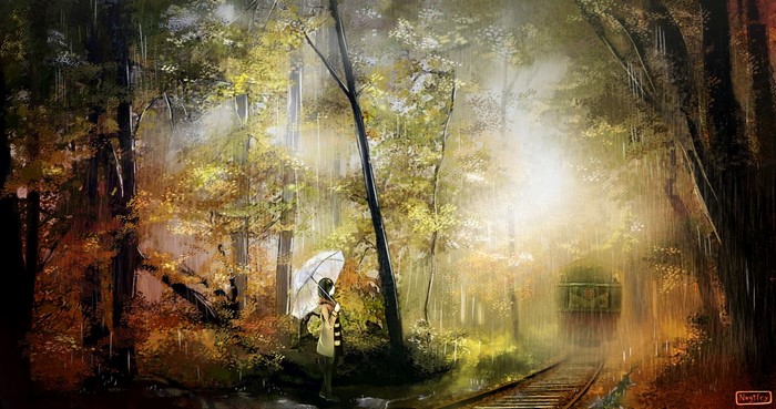 Anime girl with umbrella in a rainy forest with a train