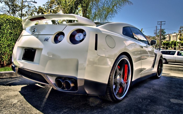 White Nissan GT-R R35 sports car rear view