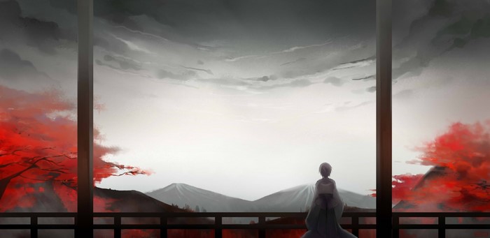 Person in Yukata overlooking mountains and red trees