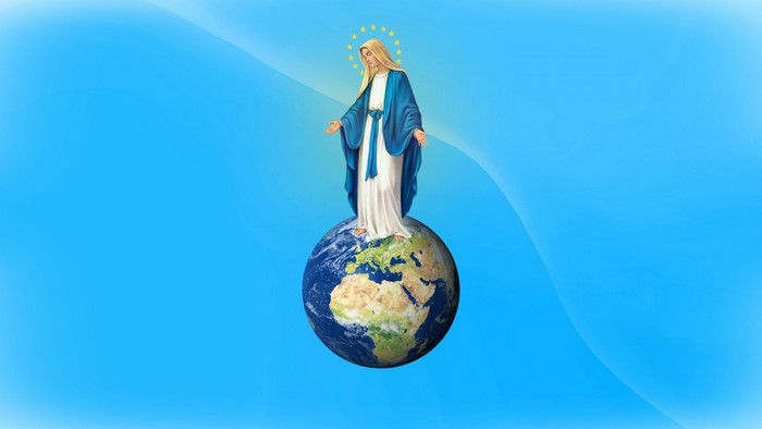 Virgin Mary standing on Earth with stars