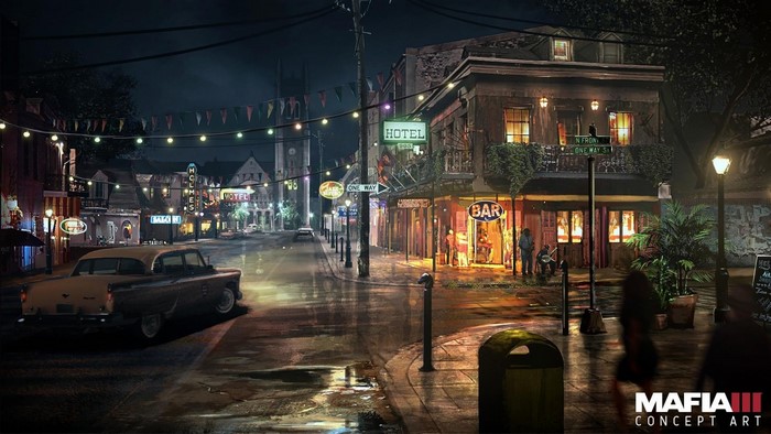 Mafia III concept art of a street at night