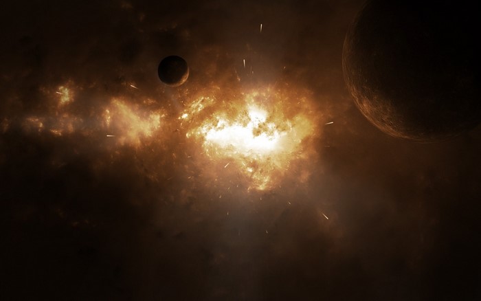 Explosion in a nebula with planets