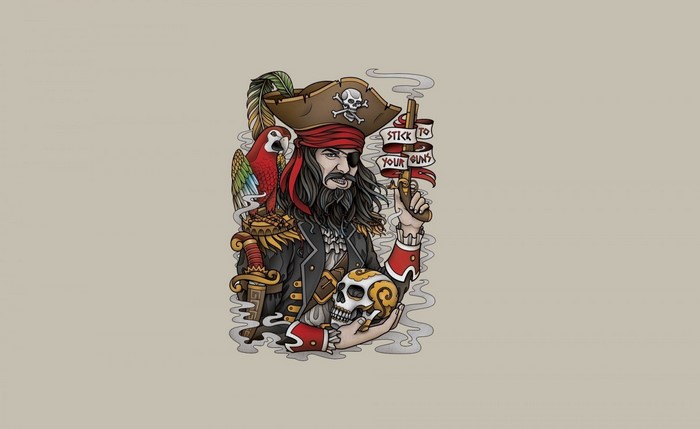 Pirate with parrot, skull, and pistol
