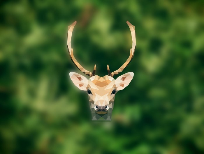 Low poly deer head with antlers on green background