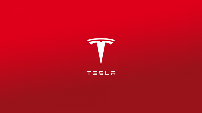 Tesla logo and wordmark on red gradient