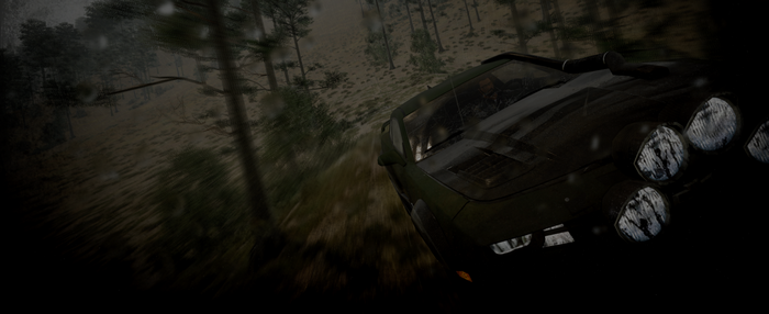 Chevrolet off-road vehicle driving in a dark forest