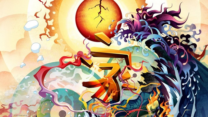 Abstract Japanese illustration with sun and wave