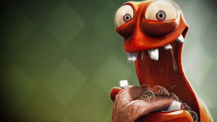 Close up of a cartoonish red creature with big eyes