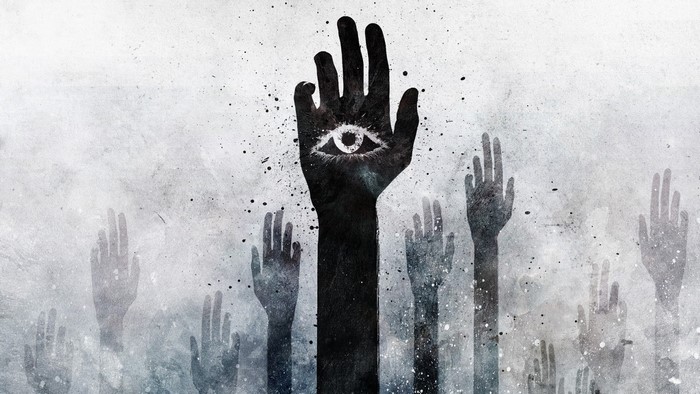 Black hand with all-seeing eye and raised hands