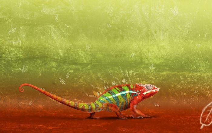 Chameleon illustration with green and red colors