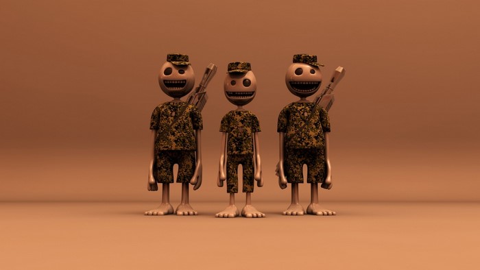 Three cartoon soldiers with rifles