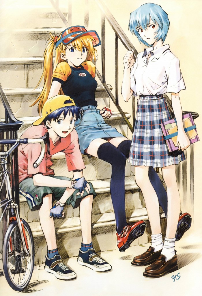 Asuka, Rei, and Shinji from Neon Genesis Evangelion on stairs