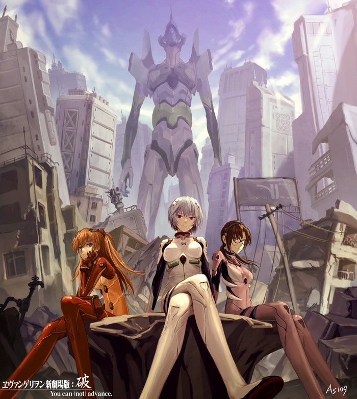Asuka, Rei, and Mari from Neon Genesis Evangelion in a ruined city