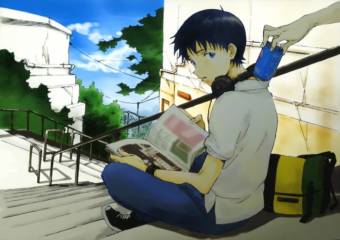 Shinji Ikari from Neon Genesis Evangelion reading a magazine