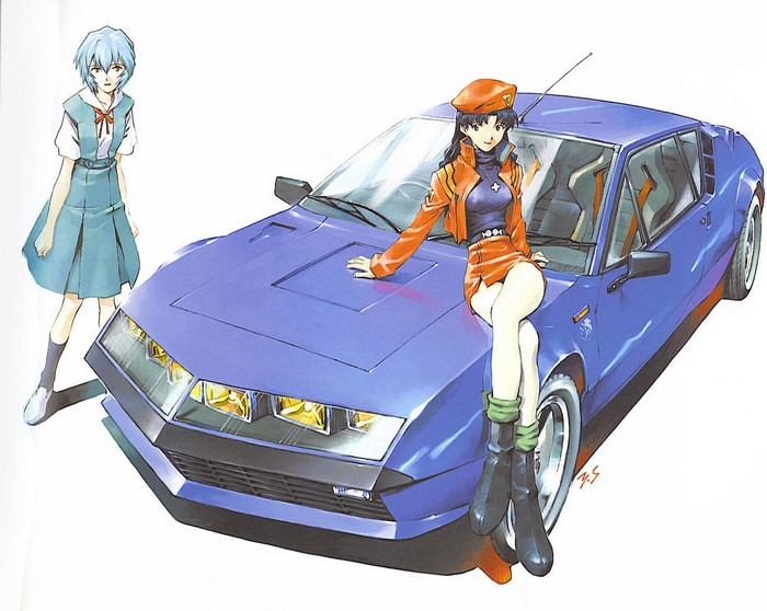 Rei Ayanami and Misato Katsuragi with a blue sports car