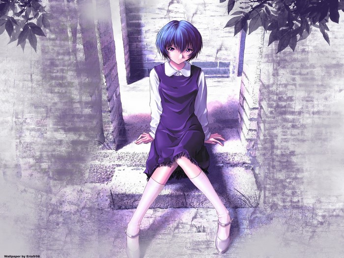 Rei Ayanami from Neon Genesis Evangelion sitting on steps
