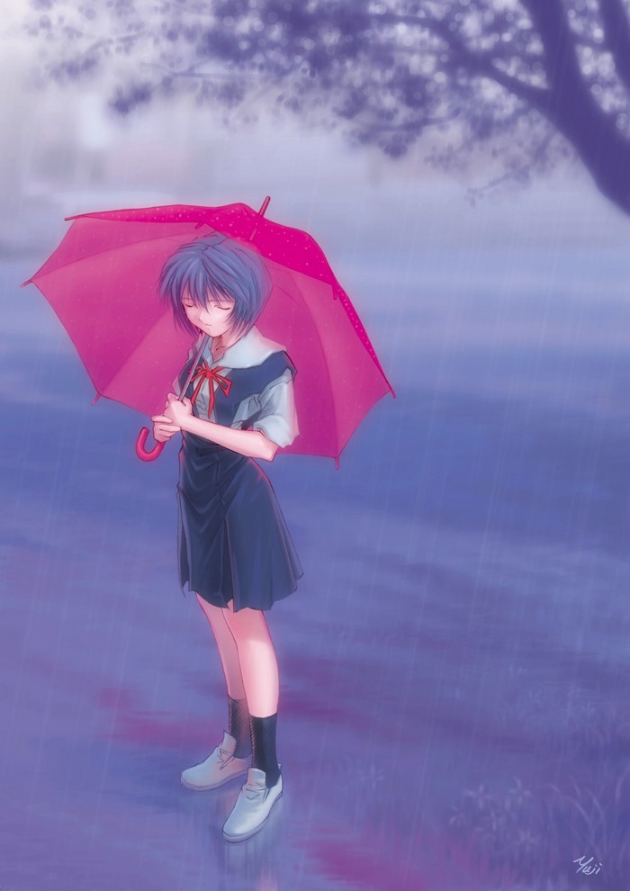 Rei Ayanami from Neon Genesis Evangelion with a pink umbrella