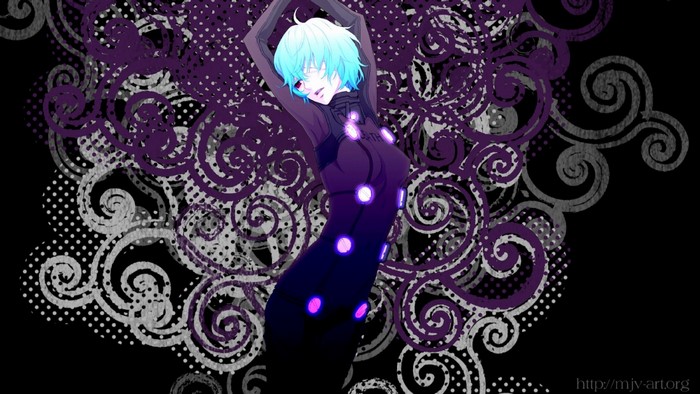 Rei Ayanami from Neon Genesis Evangelion with abstract purple pattern