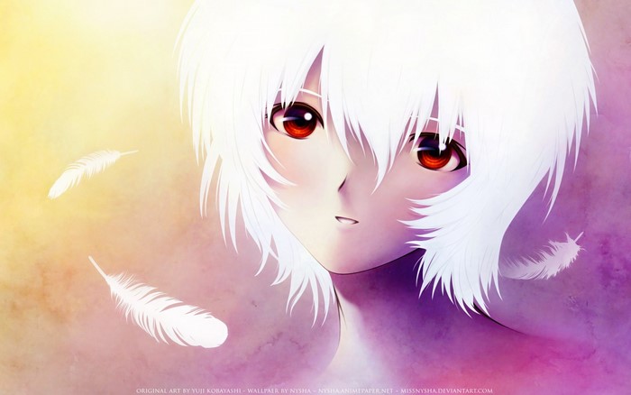 Rei Ayanami from Neon Genesis Evangelion with feathers