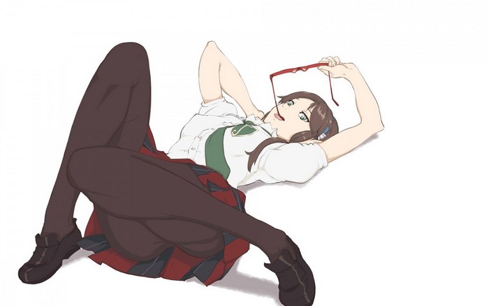 Anime girl lying down holding glasses