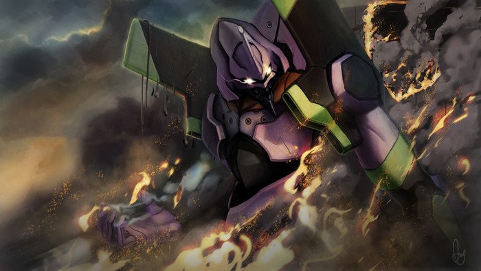 Evangelion Unit-01 in a fiery, smoky environment