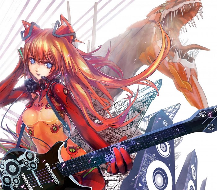 Asuka Langley Soryu from Neon Genesis Evangelion with guitar and monster