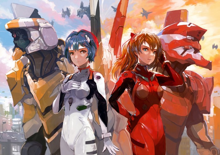 Rei Ayanami and Asuka Langley Soryu with Evangelions