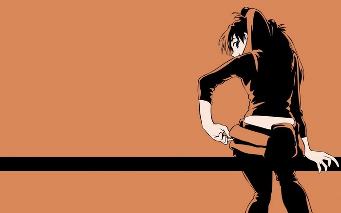 Anime girl in black outfit sitting on a bar
