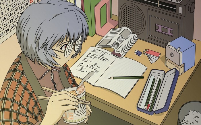 Rei Ayanami from Neon Genesis Evangelion eating instant noodles