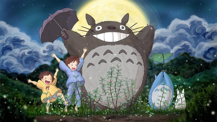 Totoro and children under the moon