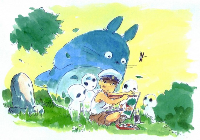 Totoro and friends painting in a field