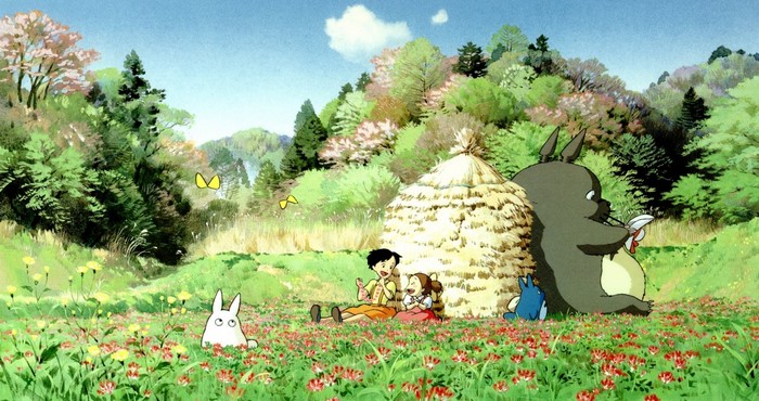 My Neighbor Totoro: Two girls and Totoro in a meadow